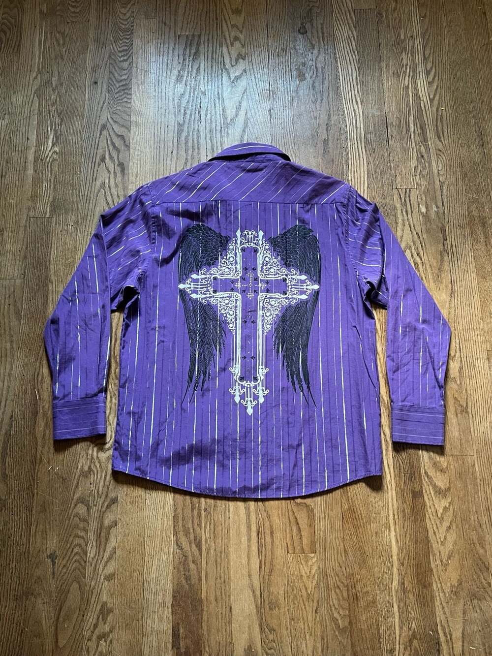 El General Mens Purple Striped Long Sleeve Button-Up Shirt Cross Wings Rhineston